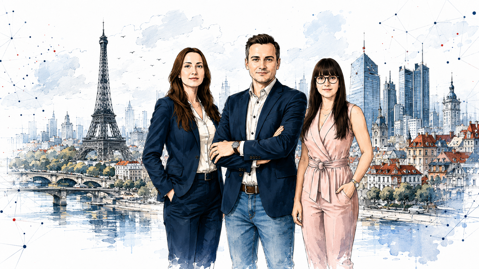 Paweł, Magda et Klaudia dans une illustration reliant Paris, la Pologne et l’Europe centrale